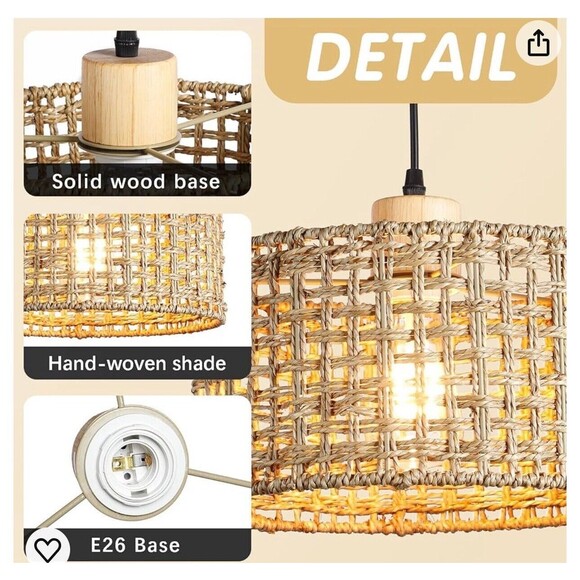 Hanging Ceiling Light Fixture 11.8”  Hand Woven Rattan Pendant Lamp Pendant NEW - Picture 7 of 7